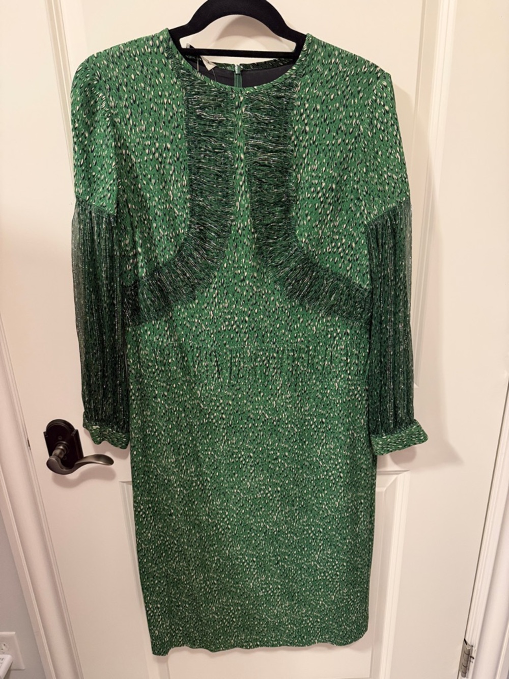 Dries Van Noten Emerald Green Long-Sleeve Fringe Trim Dress